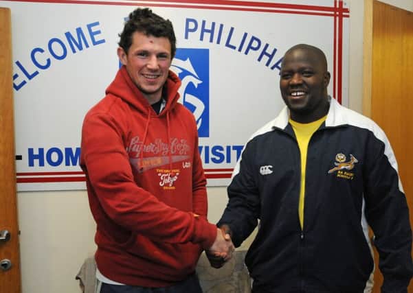 Selkirk skipper Ross Nixon welcomes Lwondo Mabenge to Philiphaugh. Picture: Grant Kinghorn