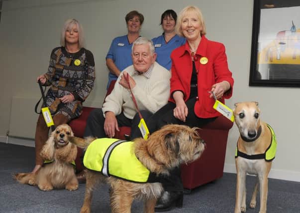 Therapet volunteers Julie Grieve (with American Cocker Spaniel Frankie Doodle-Love) Tom Lawson (with Border Terrier Coire) and Marion Livingston (with whippet Benji) with Lindean Centre nurses Cindy McLeish and Angie Little at the BGH.