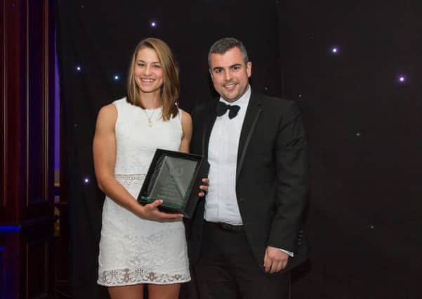SR Awards Dinner 7th Nov 2015.  Hilton Hotel, Glasgow - Senior Rower of the year - Maddie Arlett receiving her award from from Lee Boucher, High Performance Co-ordinator, Scottish Rowing.