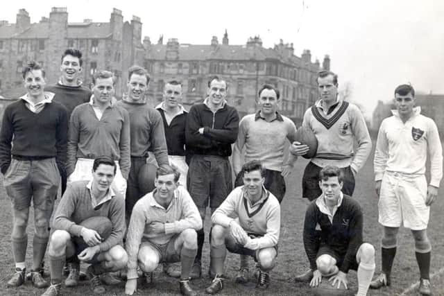 Scottish team at training session at Goldenacre prior to English International 1952. Jim 'Basher' Inglis is fifth from left in back row.