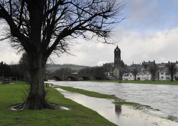 Flooding on the Kingsmeadows Road side of The River Tweed in Peebles.