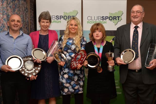 From left Ian McKenzie (Coach of the Year); Mary Weir (SALSC Service to Local Sport); Megan Shiel (Junior Coach of the Year); Lucy Porteous (Sports Personality of the Year); Jim Thomson (SALSC Service to Local Sport).