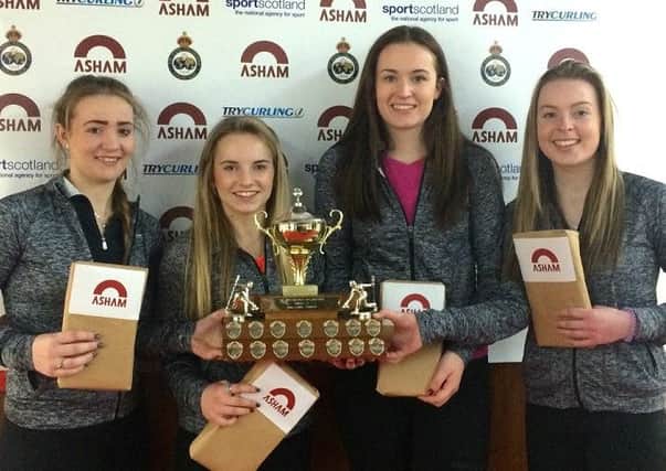Team Bryce  pictured  with their Asham prizes and the Baljaffray Trophy. 
From left:  Amy Bryce (Skip), Leeanne McKenzie, Jill Strang, Nicola Joiner.