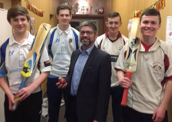 From left, Evan and Ronan Alexander of Hawick and Wilton CC, Iain Burke of new sponsor Bannerman Burke, and Alex Hastings and Jack Halls of Gala CC.