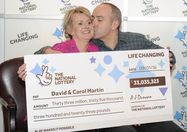 JP License
A couple from Hawick in the Scottish Borders have been unveiled as the winners of half of last Saturday's record Â£66m National Lottery jackpot.
David and Carol Martin, both aged 54, appeared at a news conference at the Dalmahoy Hotel, south of Edinburgh.
They were one of two ticket holders who matched the six winning numbers 26, 27, 46, 47, 52 and 58.
The couple received a cheque for Â£33,035,323. The record jackpot followed 14 consecutive rollovers.
The Borders husband and wife said they were relaxing at home the following day with the lottery ticket on their mantelpiece and only checked it when a friend urged them to do so.
 Neil Hanna Photography
www.neilhannaphotography.co.uk
07702 246823