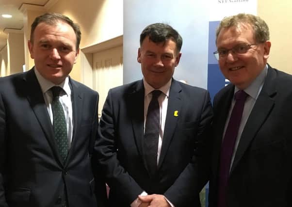 David Mundell at the NFUS conference with president Allan Bowie and UK  farming minister George Eustice.
