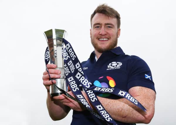 Stuart Hogg with the 2016 Six Nations player of the Championship Trophy voted on by the public