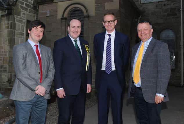Barrie Cunning (Scottish Labour); Paul Wheelhouse (SNP); John Lamont (Scottish Conservative) and Jim Hume (Scottish Liberal Democrat) at the Duns election hustings