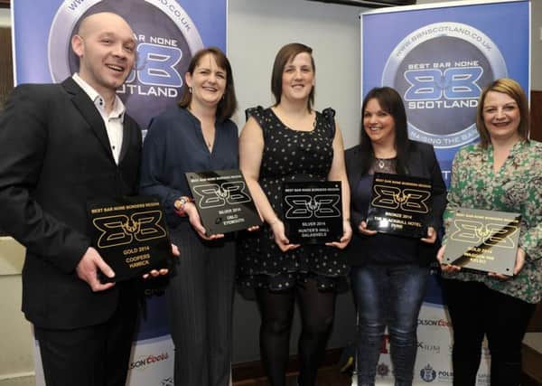 'Best Bar None' awards 2015 held in The Waggon, Kelso.
L-r, Malcolm Cooper (Coopers in Hawick), Joann Mailer (manager Oblo-Eyemouth), Susan English (manager Hunter's Hall (Wetherspoons) Galashiels), Pamela Turner (The Blackbull Hotel-Duns) and Joyce Campbell (The Waggon-Kelso).