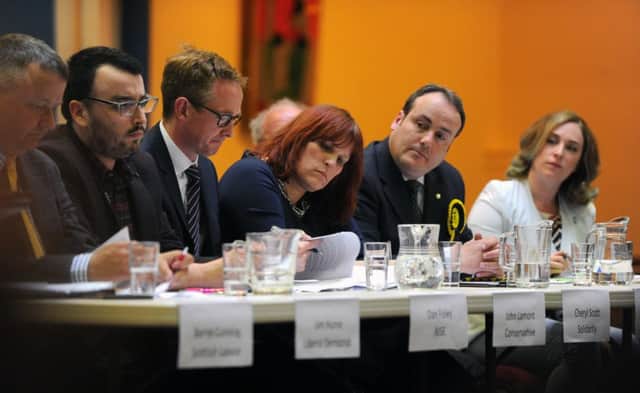Barrie Cunning (Scottish Labour); Jim Hume (Scottish Liberal Democrat); Dan Foley (RISE); John Lamont (Scottish Conservative); Cheryl Scott (Solidarity); Paul Wheelhouse (SNP); Beverley Gauld (Independant) and Sarah Beattie-Smith (Scottish Green Party) lined up to answer questions at the Duns election hustings.