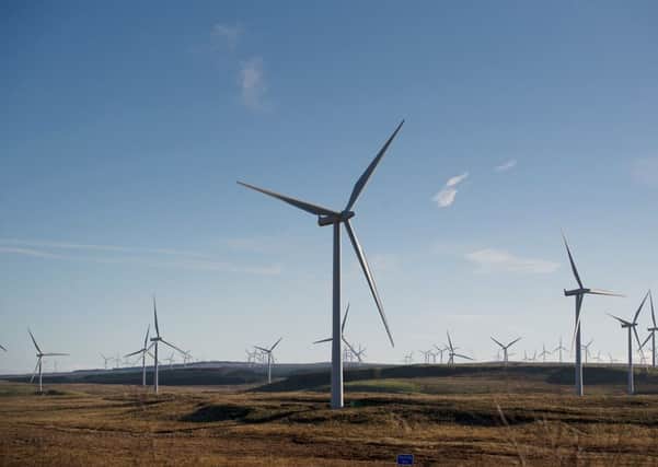 11/02/16 .  Eaglesham. Whitelee Windfarm.
A windfarm or wind park is a group of wind turbines in the same location used to produce electricity. A large wind farm may consist of several hundred individual wind turbines and cover an extended area of hundreds of square miles, but the land between the turbines may be used for agricultural or other purposes. electricity , wind farm, windfarm , turbin, turbines, wind turbines. gv, GV, GENERAL VIEW, general view.