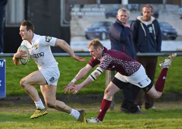 A try for Melrose against Gala in the final of Kelso Sevens.