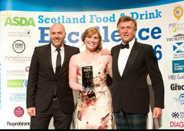 SBSR Ailsa Corbishley, Peebles, picking up her Product of the Year Award for her macarons at the Scottish Food and Drink Awards 2016