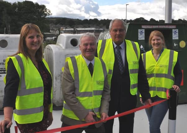 Councillor David Paterson, second from left, with, from left, Selkirkshire councillors Michelle Ballantyne, Gordon Edgar and Vicky Davidson at Selkirks revamped recycling centre.