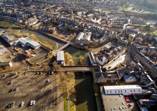 A drone image of the Teviot flowing through Hawick.