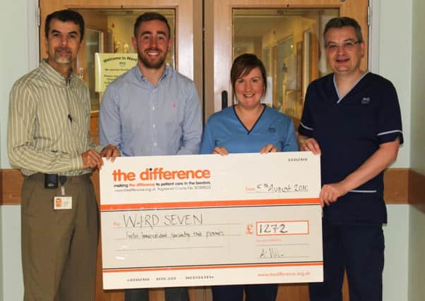 From left, consultant surgeon Ahmed Mustafa, former patient Ali Weir, surgical unit staff nurse Lynne Read (and senior charge nurse Geoff Anderson at Borders General Hospital.