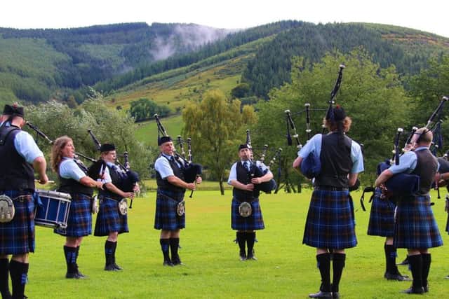 Innerleithen's Tweedvale Pipe Band practising for this year's Innerleithen Pipe Band Championships.