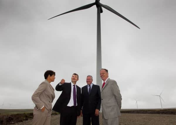 EDF Energy: (left-right) Laurence Juin Deputy CEO EDF Energies Nouvelles, Christian Egal, CEO EDF Energy Renewables, Scottish Energy Minister Fergus Ewing and EDF Energy Chief Executive Vincent de Rivaz
 
Fallago Rig Wind Farm opening, Weststruther