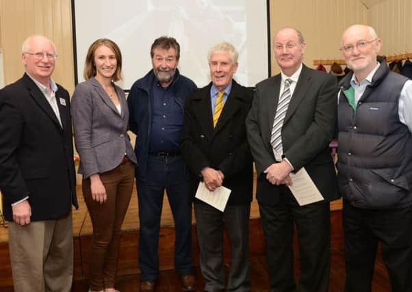 Speakers at the reopening of Hermitage Hall, from left, John Scott, Sarah Exton, Eric Robson, Ron Smyth, David Knight, and Gerry Campbell.