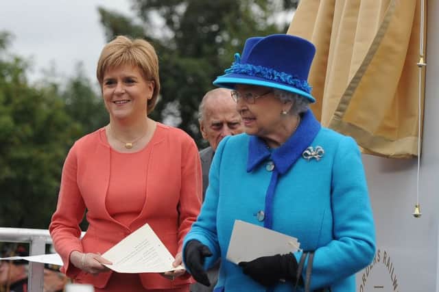 Scottish First Minister Nicola Sturgeon and the Queen at the official opening of the Borders Railway.