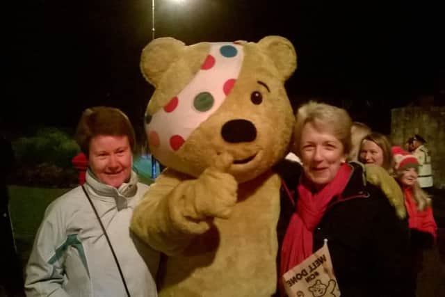 Supporters Caroline Cook and Jayne Palmer meet Pudsey in Jedburgh
