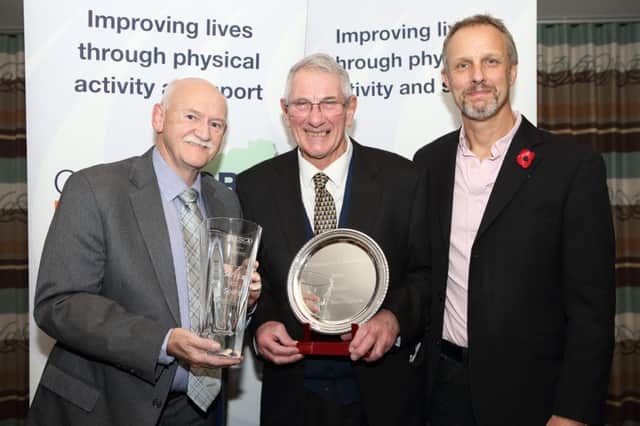 SALSC's award for service to local sport, John Barrington, is pictured with SALSC director Rick Kenney, left, and ClubSport Tweeddale chairman Colin Aitken (picture by Brian Sutherland)