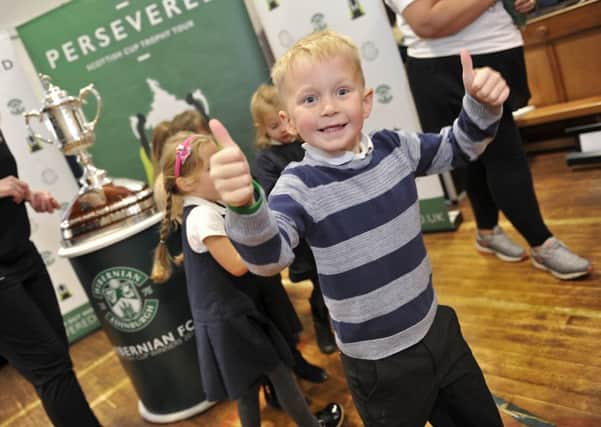 The Scottish Cup is brought to Chirnside Primary School by Hibernian Football Club. Hibs wrist bands are given out to the children with the message of 'Persevere'.