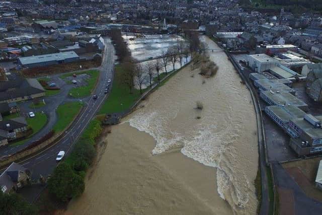An aerial view of last December's flooding in Hawick.