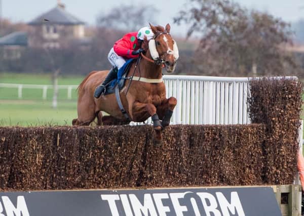 Rachael McDonald, on board Harry the Viking, jumps clear on the way to winning Kelso's Persimmon Homes Scottish Borders National (picture by Alan Raeburn)