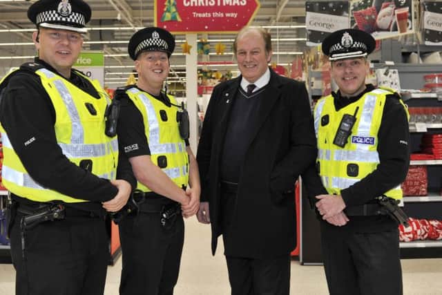 L-r, Chief Inspector Andy McLean, PC Sandy Blacklock, Councillor Donald Moffat and Superintendent Jim Royan in Asda, Galashiels ahead of the festive campaign.