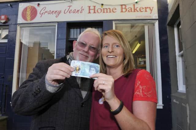 Tony Huggins-Haig and Patsy Johnstone (who took in the fiver from Tony last week) outside Granny Jean's Bakery in Kelso.