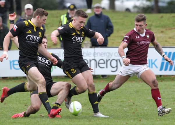 Rather resembling soccer than rugby, Ross McCann and George Taylor push forward for Melrose against Gala (picture by Douglas Hardie)