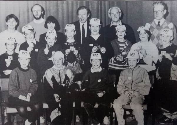 The winners, sponsors and organisers in the Bank of Scotland Chess Championship at the Focus Centre, Galashiels in 1991. In front row are the Philiphaugh winners Careen Redman, Michael Douglas, Michael Brown and Sam McLean.