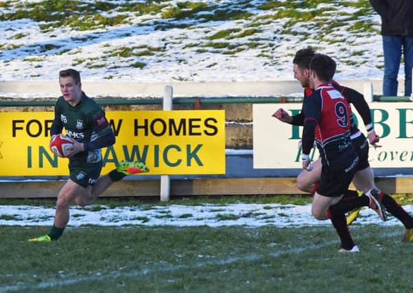 Darcy Graham lands Hawick's first try (picture by Stuart Cobley)