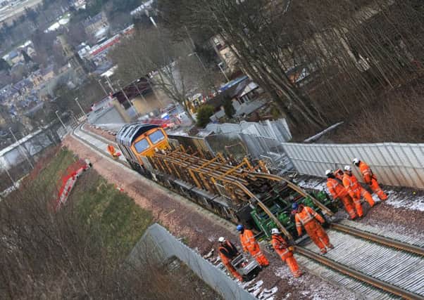 Track for the Borders Railway being laid near Galashiels in February 2015.