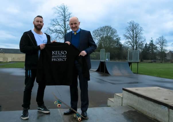 Kelso Skatepark Project chairman Ali Hay with Calum Kerr MP.
