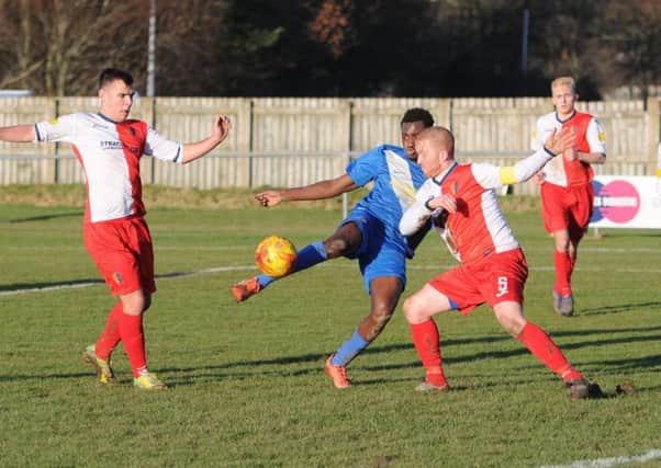 Unpha Koroma (in blue) scores a superb leveller for Selkirk (picture by Grant Kinghorn)