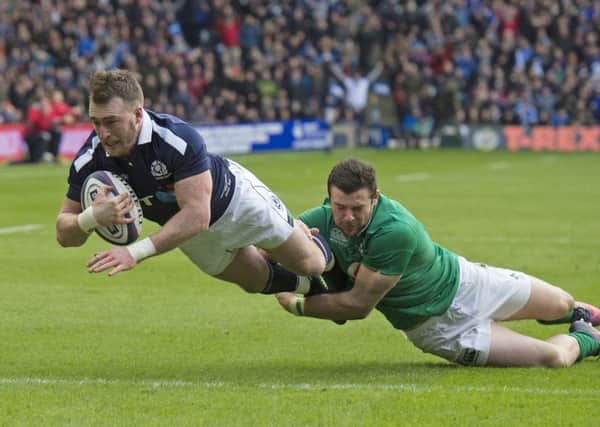 Stuart Hogg bags his first try agasint Ireland last week, with Robbie Henshaw on tow ( Neil Hanna Photography)