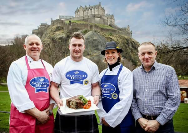 Rugby star Stuart Hogg, second from left, with, from left, Jeff Bland, executive chef at the Balmoral Hotel, Edinburgh; butcher Bel Forbes, of Bels Butchers in Edzell, Angus; and Quality Meat Scotland chairman and Perthshire beef farmer Jim McLaren to launch this years Scotch Beef promotional campaign.