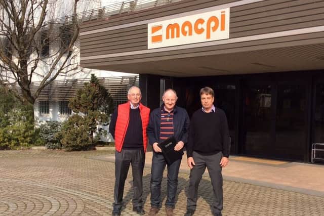 Consultant Robin Ree ,Rory Graham from Barrie Knitwear and Bill Reece from Textile Developments meet in Italy.
