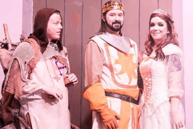 Patsy (Alan Thomson), King Arthur (Rich Millan) and The Lady of the Lake (Amy Darrie).