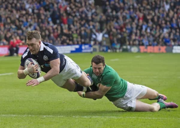 Stuart Hogg scores his first try against Ireland at Murrayfield in this season's RBS Six Nations (picture by  Neil Hanna)