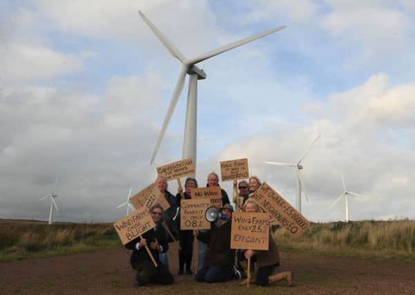 Anti-windfarm protesters at the Drone Hill turbine site on Coldingham Moor