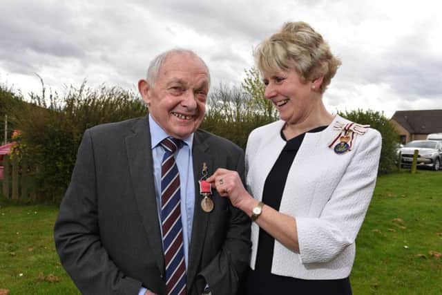 Barrie Forrest with Jeanna Swan, lord-lieutenant of Berwickshire, at Reston Village Hall.