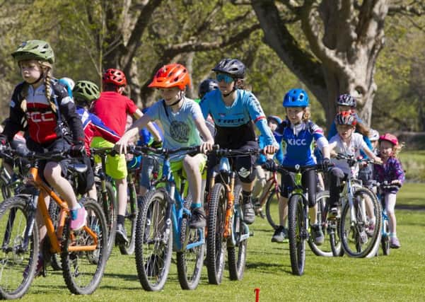 Over 70 local children turned out in Peebles to celebrate the launch of TweedLove Bike Festival at Peebles (picture by Richard Turley).