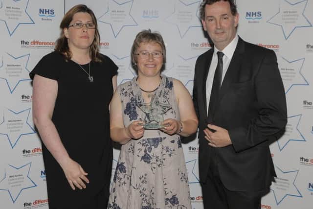 Katie Masterson, physiotherapy team leader at NHS Borders won the person-centred award. She is pictured here with, from left, Angela MacLean, of MacLean Eggs which sponsored the award, and Peter Lerpiniere, lead nurse of mental health and learning disabilities at NHS Borders.