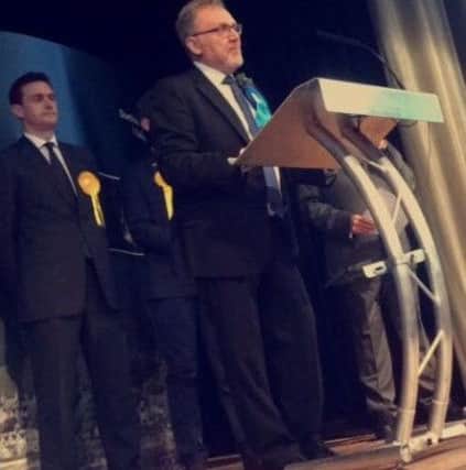 Conservative candidate David Mundell addresses the crowd at the Dumfriesshire, Clydesdale and Tweeddale count, after retaining his seat.