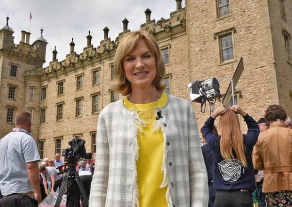 The BBC's Antiques Roadshow filming today at Floors Castle in Kelso. Fiona Bruce during filming at Floors Castle.