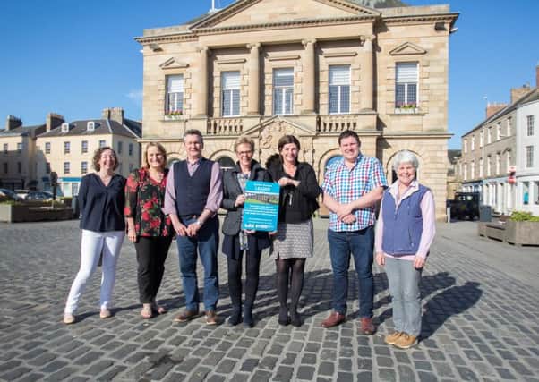 From left, Border Cookwares Tina Newton, Cloud Nines Louise Stewart, Focal Points James Walker, Swan Shoes June Swan, Nikki Allman of Kelso Border Retreats, Kelso councillor Dean Weatherston and Sue Beck of Hendersyde Holiday Cottages celebrating Visit Kelsos latest success.