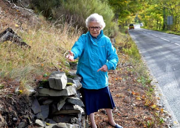 Elizabeth Birse, 88, at the dangerous dyke near Holylee on the A72.